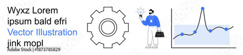 Data analysis, problem-solving, business strategy, innovation, growth metrics, technology. Gear icon, graph with data points person carrying a briefcase with a glowing idea bulb. Data analysis