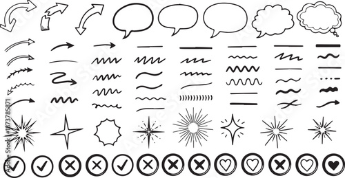 Hand drawn doodle elements set with arrows speech bubbles and check marks.