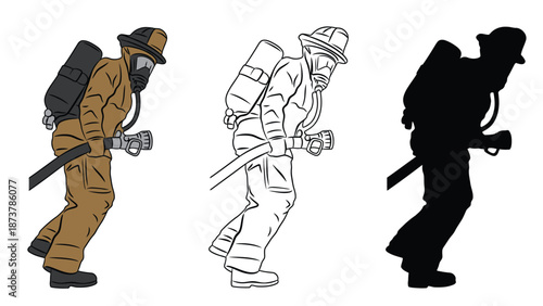 Firefighters in different illustration styles walking with equipment
