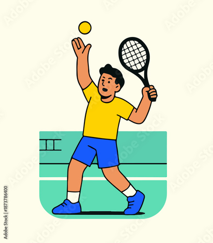 Tennis player serving ball on court flat illustration