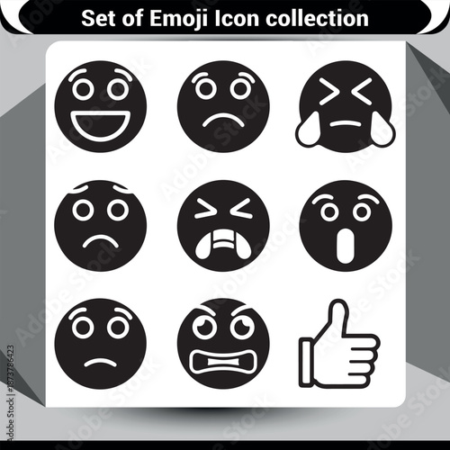 Collection of diverse black and white emoji icons expressing various human emotions