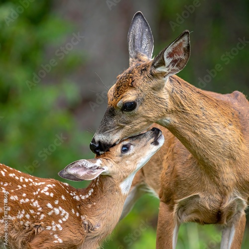 A doe gently nuzzles its fawn, a tender moment of affection. Natural light accentuates their rich fur tones