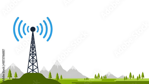 rural area Telecommunication Tower on Hill with Signal Waves Mountain Backdrop Radio Tower 