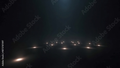Mysterious dark room with scattered glowing lights creating a moody atmosphere and ethereal ambiance