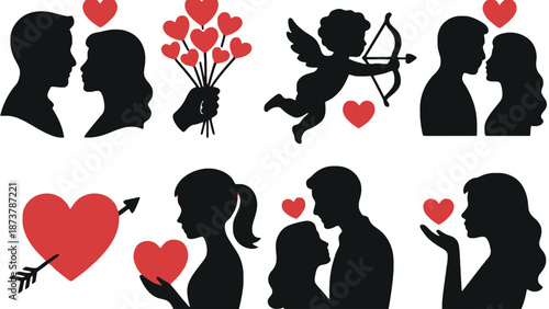 A collection of black silhouettes depicting romantic couples and Valentine's Day symbols
