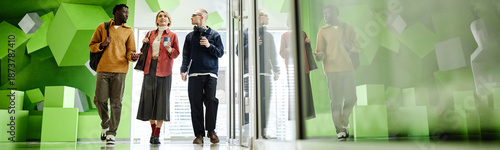 Obraz na plátně Website header shot of multiethnic group of young adults walking together in mod