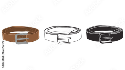 Three different colored belts with silver buckles on a white background
