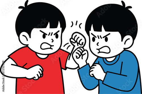 Angry boys fighting and arguing conflict scene, aggressive kids cartoon illustration showing dispute and confrontation isolated white background