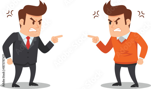 Angry businessmen arguing and pointing fingers, workplace conflict and disagreement cartoon illustration concept isolated on white background