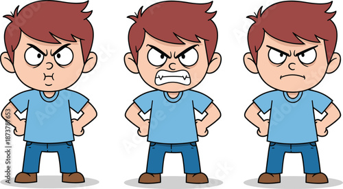 Angry cartoon boy showing different facial expressions, kid emotions and bad mood character illustration set isolated on white background