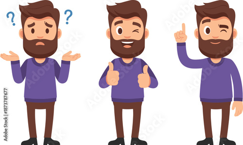 Bearded man showing confusion approval and idea gestures, cartoon male character emotions illustration set isolated on white background