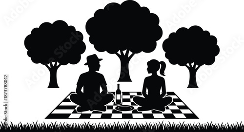 Couple silhouette enjoying picnic together under trees, romantic outdoor date scene, peaceful nature relationship illustration concept