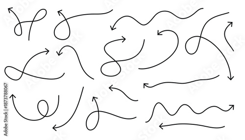 Set of hand drawn vector arrows doodle on white background. direction pointers. scribbles and scrawls. arrows pointing