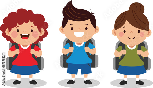 Cute school children with backpacks smiling, cartoon students ready for education and learning illustration isolated on white background