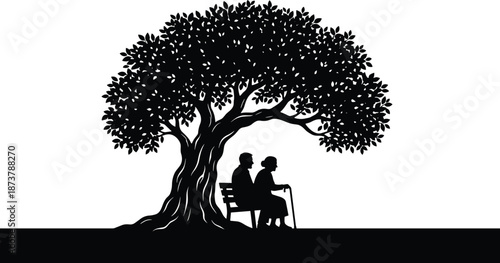 Elderly couple silhouette sitting on bench under tree, lifelong love concept, family memory illustration, black white vector art