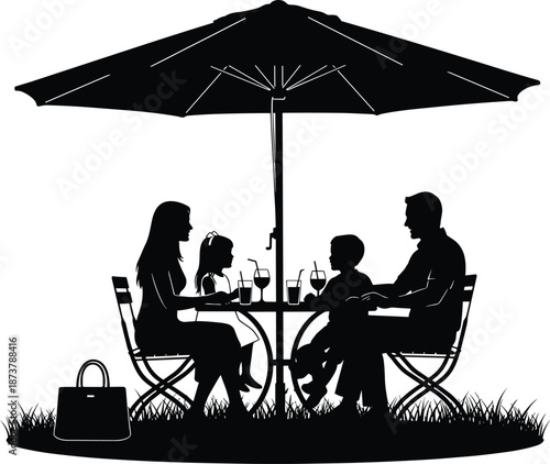 Family silhouette enjoying outdoor cafe together, parents and children sitting under umbrella, happy bonding moment illustration