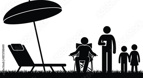 Family silhouette relaxing outdoors under beach umbrella, parents and children enjoying leisure time together, summer lifestyle illustration