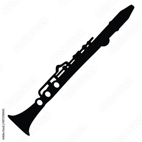 Silhouette of a classical clarinet, woodwind instrument, isolated on white background