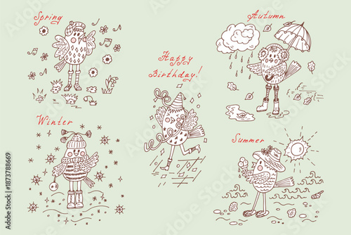 Birds set. Seasons set. Four seasons icons. Times of year. Weather. Autumn. Summer. Winter. Spring. Cartoon birds at different times of year and birthday - Hand drawn doodles vector illustration