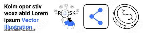Risk management, business strategy, data sharing, economic planning, decision-making, digital tools. Person analyzing risk, nodes with connection lines coin icon. Risk management and business