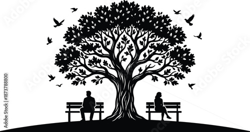 PrintLonely people silhouettes sitting on separate park benches under large tree with flying birds, emotional solitude illustration