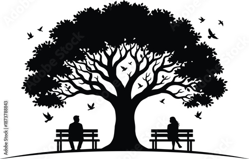 Lonely silhouettes sitting on separate park benches under large tree with flying birds, emotional solitude concept illustration