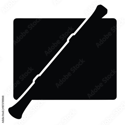 Monochrome image of a stylized musical instrument with an adjacent rectangular block