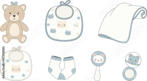 Cute pastel baby accessories including teddy bear, bibs, socks, blanket, and rattles in soft nursery themed vector illustration