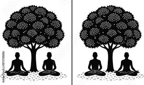 Meditation silhouette figures practicing yoga under tree, mindfulness balance calm nature scene, spiritual wellness illustration concept
