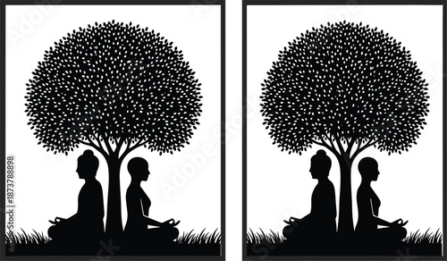 Meditation silhouette figures sitting back to back under tree, mindfulness balance calm nature spiritual wellness illustration