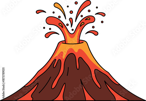 Flat vector illustration of a simple erupting volcano with orange and red lava splashes isolated on white background for icons.