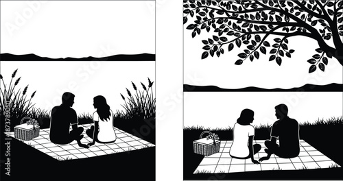 Romantic couple silhouette enjoying picnic by lakeside, peaceful nature landscape scene, love relationship moment outdoors illustration