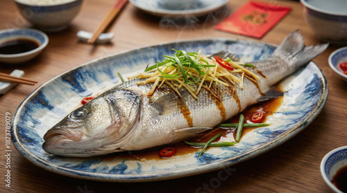 Chinese New Year Steamed Whole Fish with Ginger and Scallions, a Traditional Festive Dish for Lunar New Year Celebrations and Prosperity