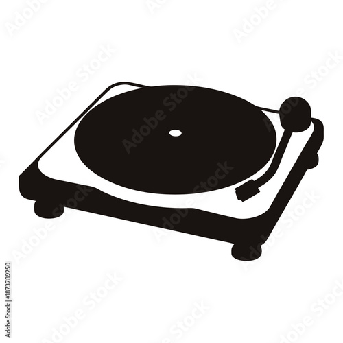 Stylized black and white image of a vinyl record player on white background