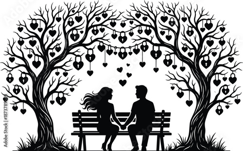 Romantic couple silhouette sitting on bench under heart tree, love locks hanging, relationship bonding dreamy illustration scene