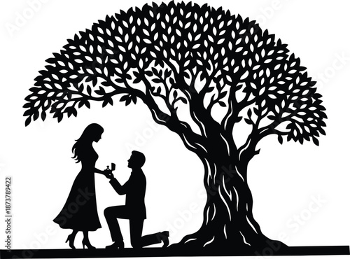 Romantic proposal silhouette under large tree, man kneeling with ring to woman, love engagement moment illustration