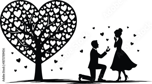 Romantic proposal silhouette with heart shaped tree, man kneeling offering ring, love engagement dreamy illustration scene