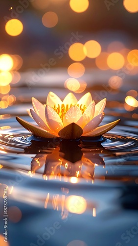 Illuminated lotus flower floating serenely on rippling water
