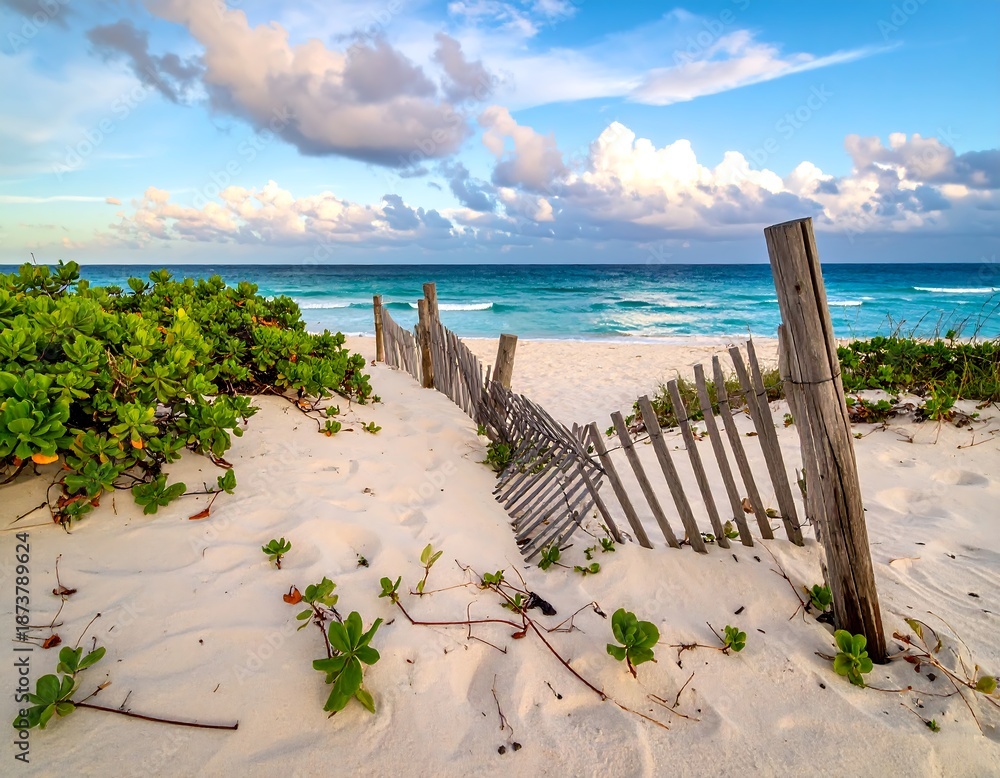 Fototapeta premium Sandy beach scene with a weathered wooden fence, lush green plants, and clear turquoise ocean under a partly cloudy sky