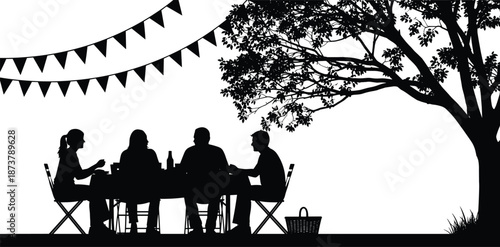 Silhouette friends enjoying outdoor dinner party under tree, festive bunting decorations, social gathering lifestyle illustration