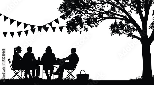 Silhouette friends sitting together at outdoor table under tree, festive bunting decorations, social gathering lifestyle illustration scene