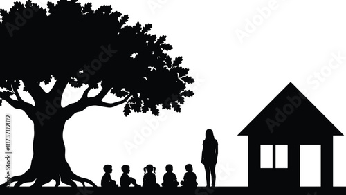 Teacher with children silhouette under tree near school building, education guidance, learning environment, childhood development, safety, care
