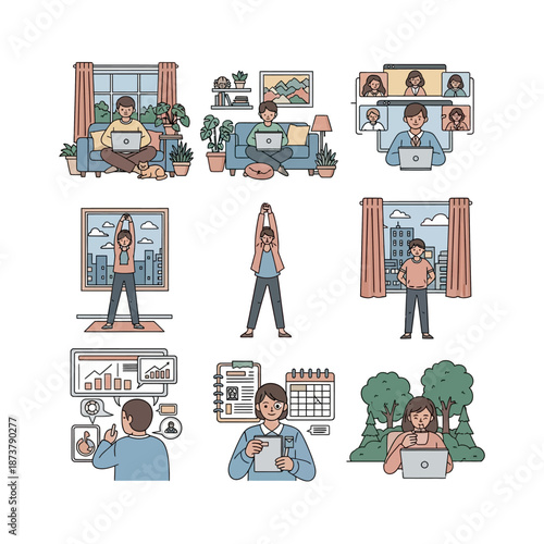Illustrations depicting people working remotely, engaging in online meetings, exercising at home, and managing tasks in various modern digital lifestyles.