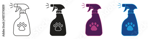 Dog paw sanitizer, pet cleaning spray, or disinfectant for animals. Ideal for pet care, hygiene, and grooming concepts. Vector illustration.