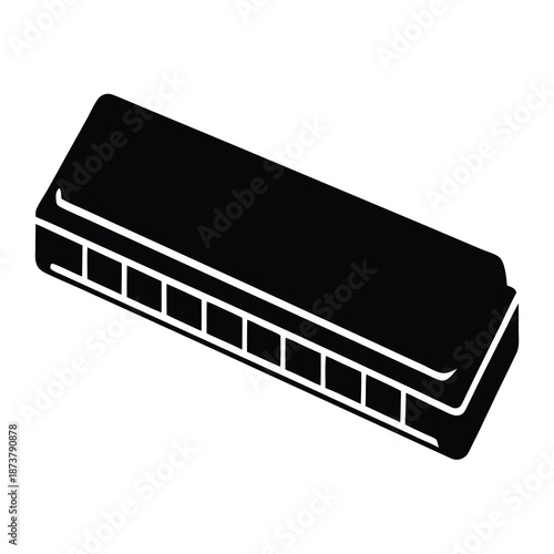 A stylized black and white vector image depicting a harmonica instrument