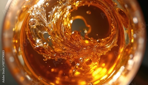 Golden whisky liquid swirls in crystal glass creating dynamic fluid texture. Amber spirit forms elegant motion with tiny bubbles. Rich beverage for relaxation or celebration. © Viktor