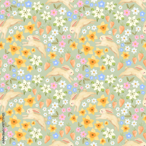 Seamless spring pattern with cute rabbit bunny in carrot garden, tulips, daffodils, lily and daisy gardening