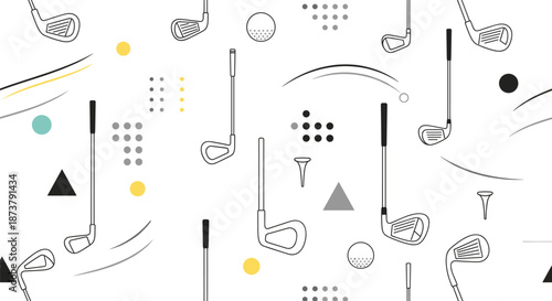 Modern abstract golf pattern featuring clubs, balls, tees, motion lines, and geometric shapes in clean minimalist vector illustration