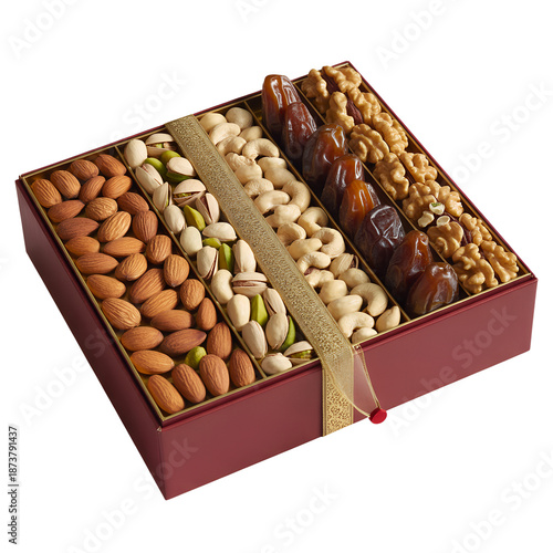 Assortment of gourmet dried dates nuts and pistachios beautifully arranged in a gift box on transparent background
