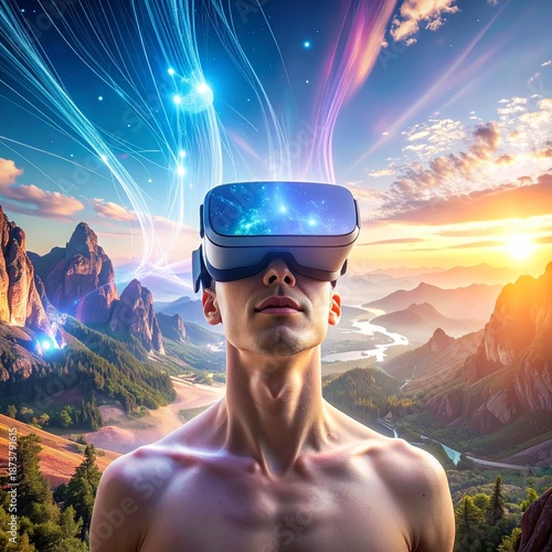 Man wearing virtual reality headset with futuristic landscape.